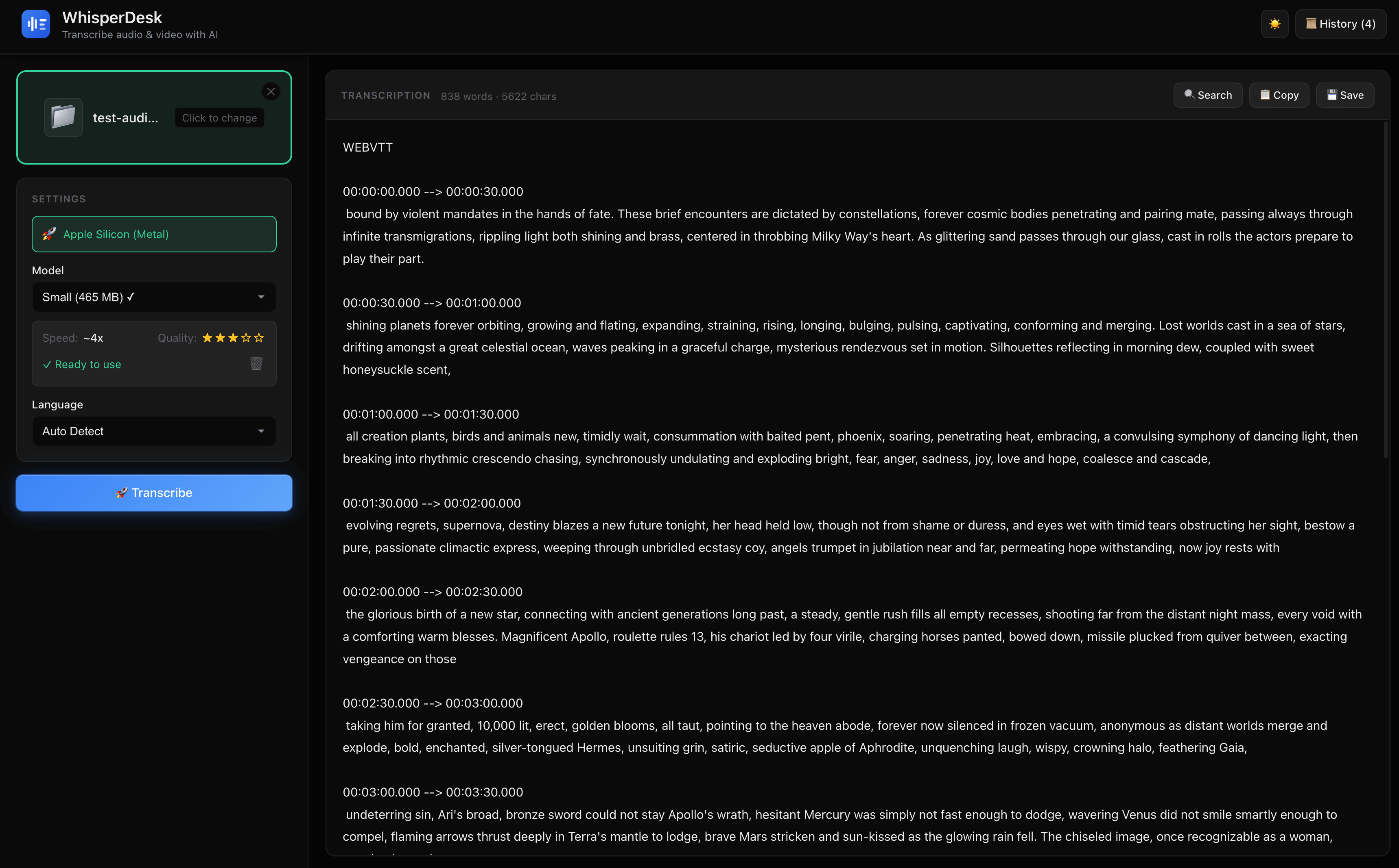WhisperDesk application interface showing audio transcription in progress with timeline and text output on dark theme